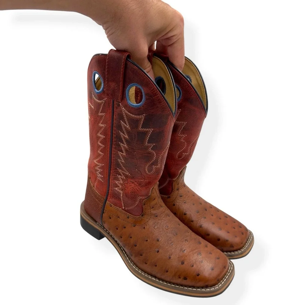 Smoky Mountain Youth Boy's Cheyenne Red Square Toe Boots Ostrich Print Size 4 R